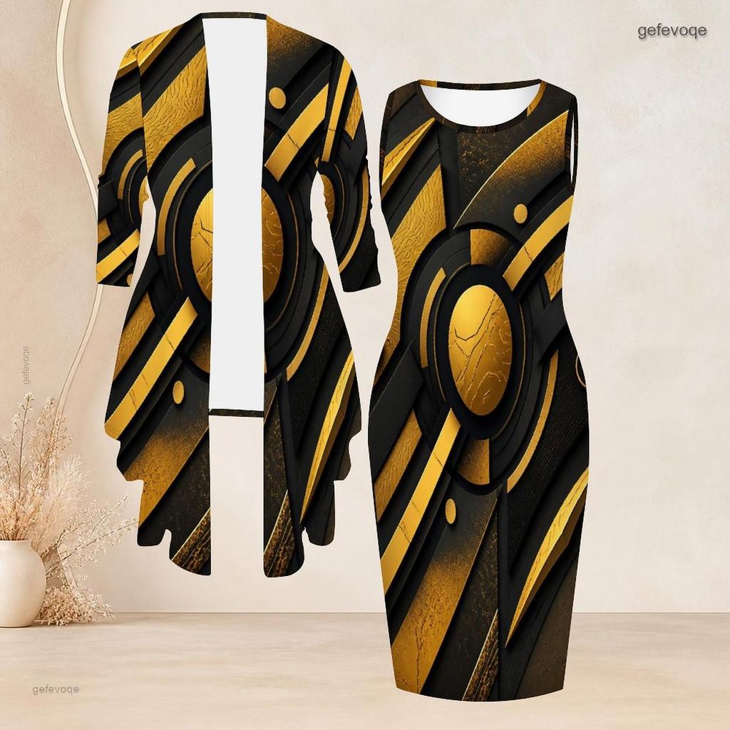 Women Plus Size Black Gold Printed Two Piece Set Sleeveless Bodycon Dress Long Sleeve Draped Cardigan