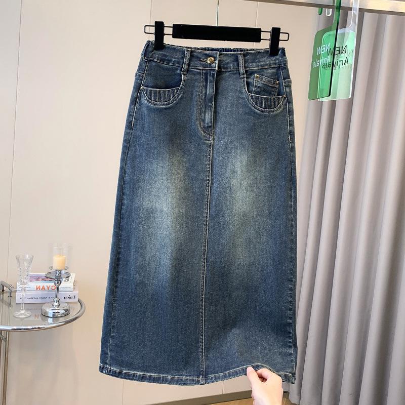 

Plus Size Stretchy Korean-Style Letter Denim Midi Skirt - Casual Elastic Waist 4XL глубокий/синий