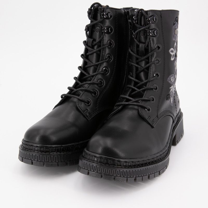 Black Ankle Boots with Flower Embroidery and Laces Woman DOCKERS BY GERLI