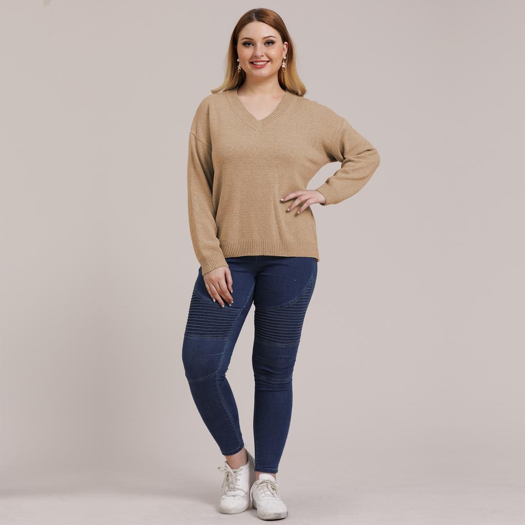 Autumn and Winter Plus Size Women's Solid Colour Simple Woven V-neck Pullover Jumper
