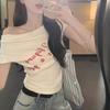 American Spice Girl Letter Print Shoulder Short Sleeve T-Shirt Women's Summer Chic Slim Off-Shoulder Short White Top
