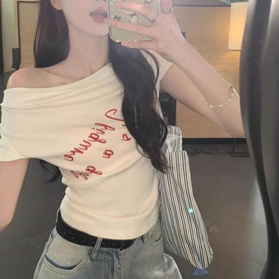 American Spice Girl Letter Print Shoulder Short Sleeve T-Shirt Women's Summer Chic Slim Off-Shoulder Short White Top