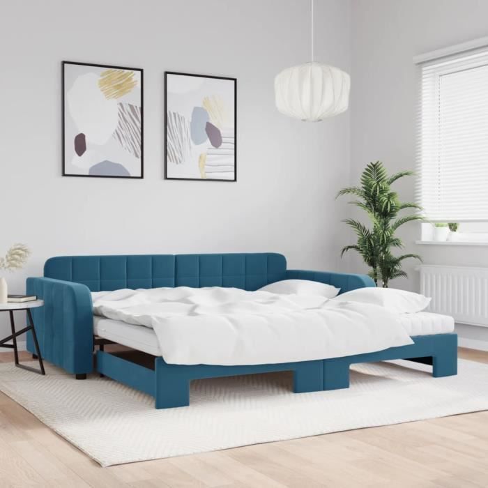 VidaXL Daybed with Trundle Bed and Mattress Blue 100x200 Cm Velvet 3196959