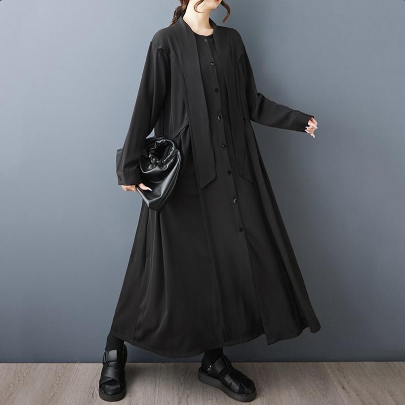 Langermet svart vintage ny i kjoler for kvinner avslappet løs vår høst skjortekjole