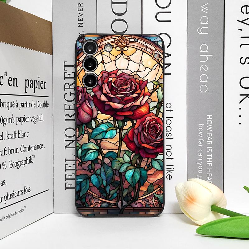 Bunte Glas-Stil-Rosenmuster-Handyhülle für Samsung Galaxy S26 S25 S24+ S23 Ultra S22 Plus S20 S21 FE M53 Weiche Hülle