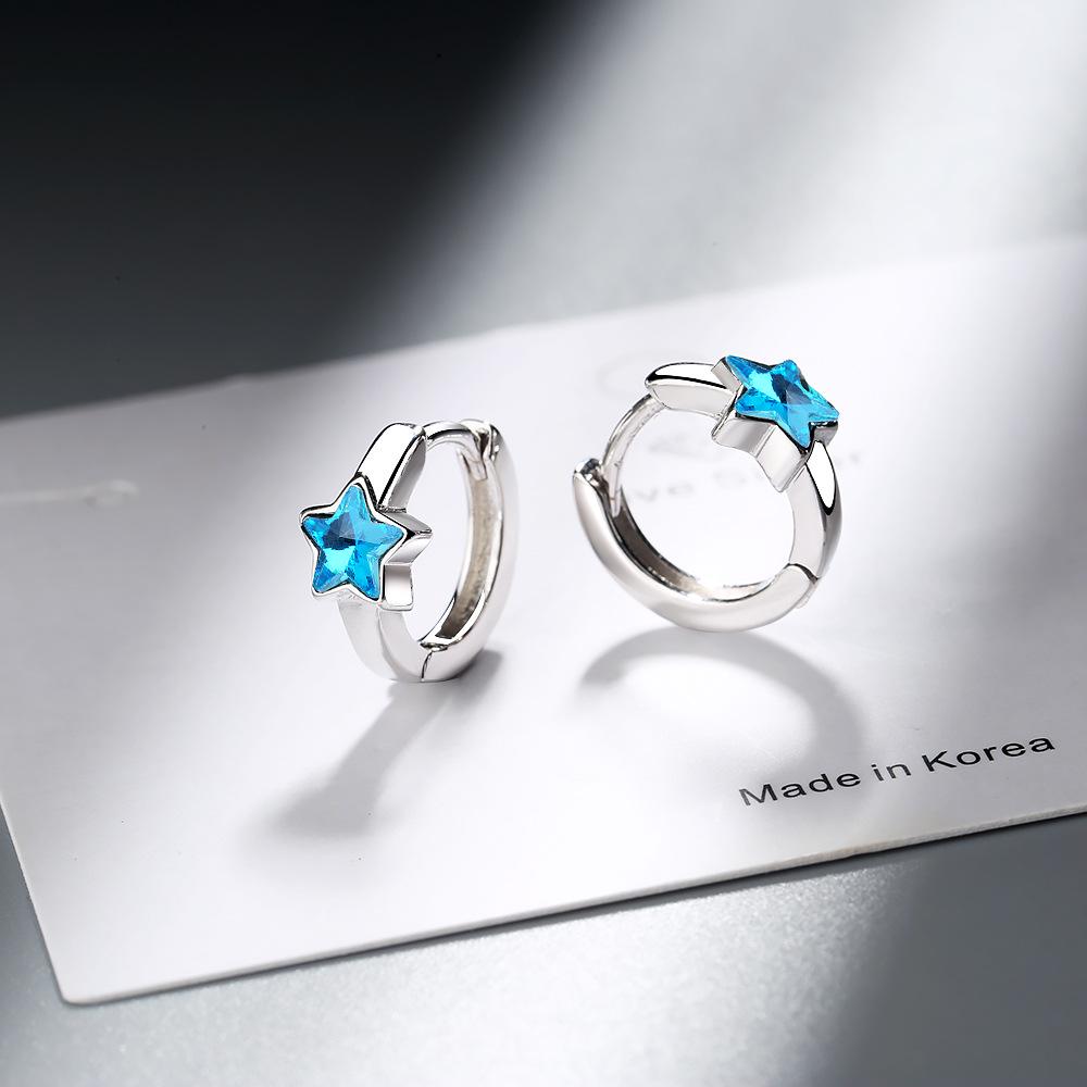 Blue Five-Pointed Star Crystal Earrings - Korean Style, Unique Copper Design