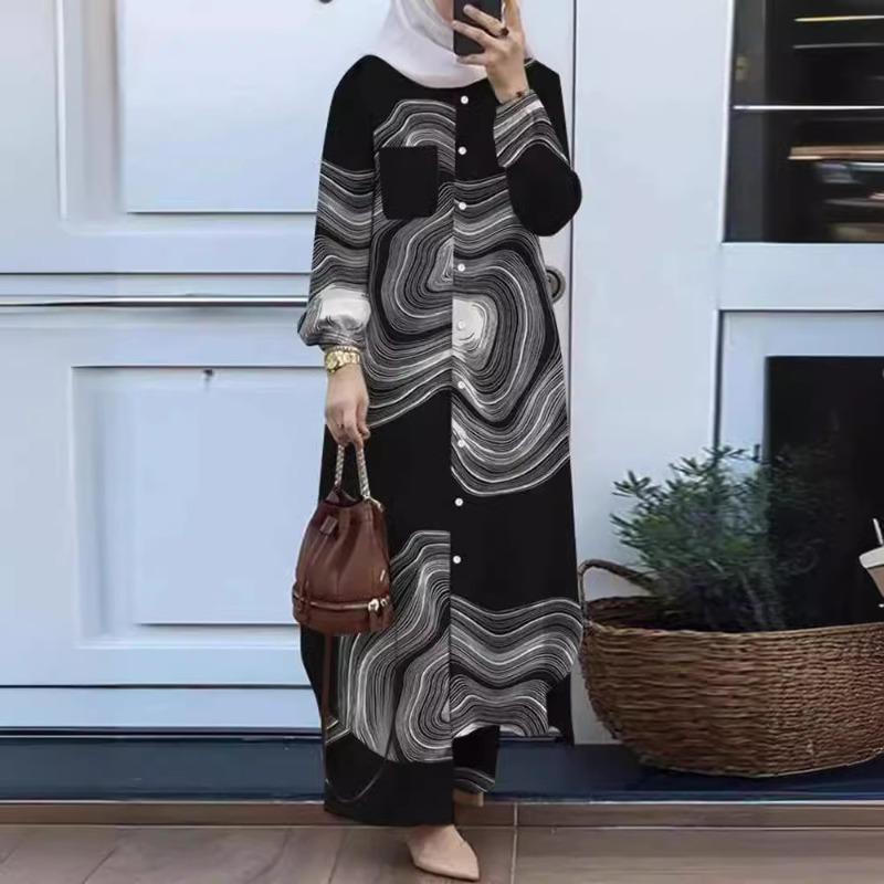 Muslim Women's Clothing Arabian Fashion Printed Lapel Bubble Sleeve Shirt Pants Set