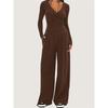 Women 2‑Piece Outfit V‑Neck Long Sleeve Ruched Top High Waist Wide Leg Pants Casual Loungewear Tracksuit Set