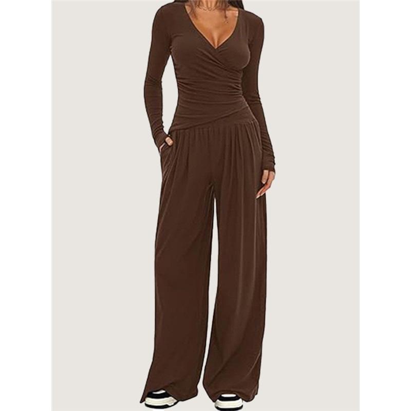 Women 2‑Piece Outfit V‑Neck Long Sleeve Ruched Top High Waist Wide Leg Pants Casual Loungewear Tracksuit Set