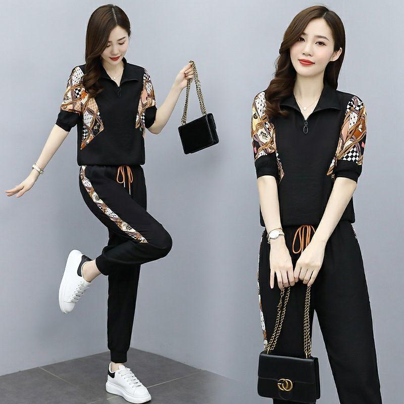 2BUC/Set Set de modă Set sport casual de vară Pulover imprimat pentru femei Pantaloni Harlan Set două piese