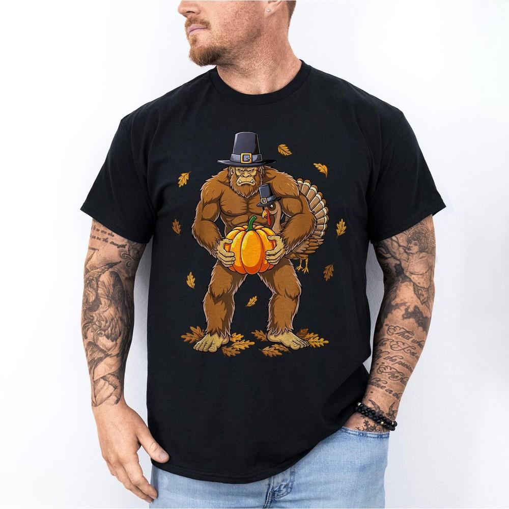 

Bigfoot Pilgrim Turkey Pumpkin T-shirt Thanksgiving Shirts 4XL