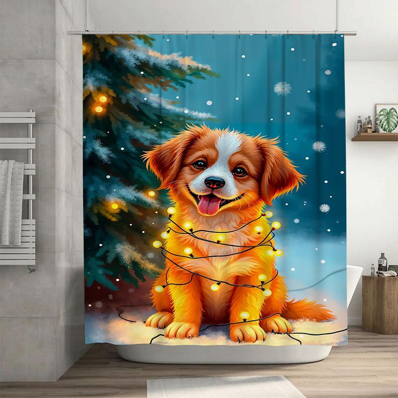 

Tuniu Adorable Golden Retriever Holiday Lights Bathroom Shower Curtain Festive Fun Decor W60H190(CM)-1 Pcs