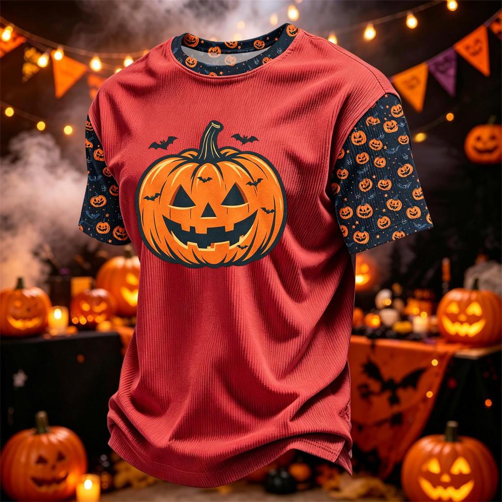 Herren Freizeit Corduroy Kurzarm Rundhals Leicht Atmungsaktiv T-Shirt mit Halloween Kürbis Print Design Bequeme Passform