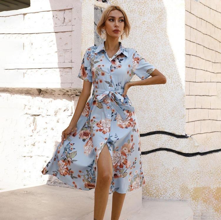 Ethnic Printed Summer Dress Women High Waist A Line Short Sleeve Lace Up S синий