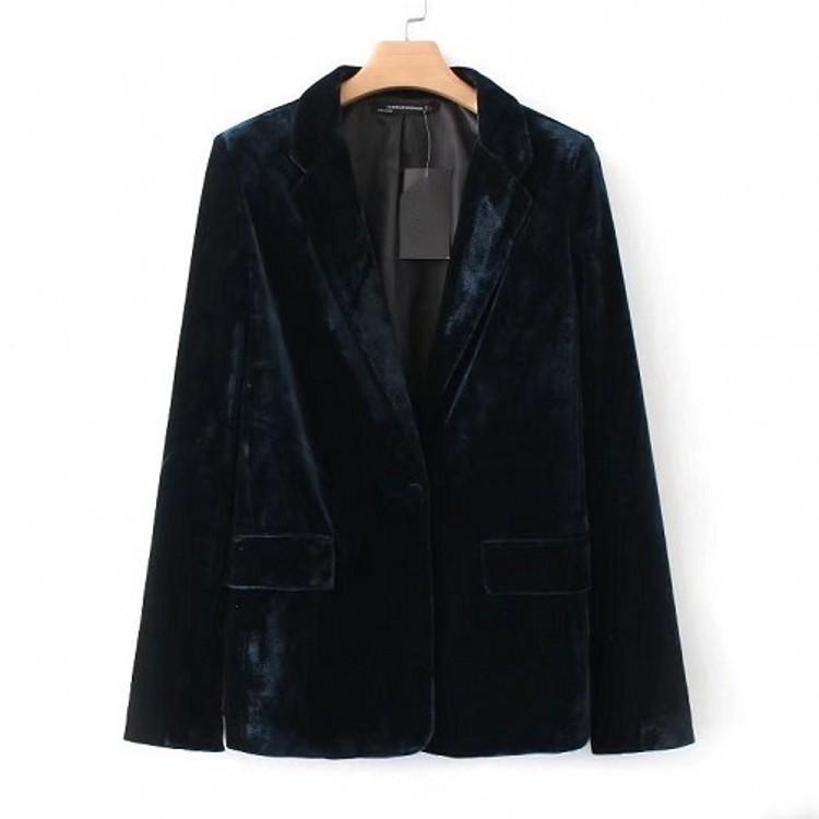 Autumn/Winter Dark Green Velvet One-Button Blazer for Women