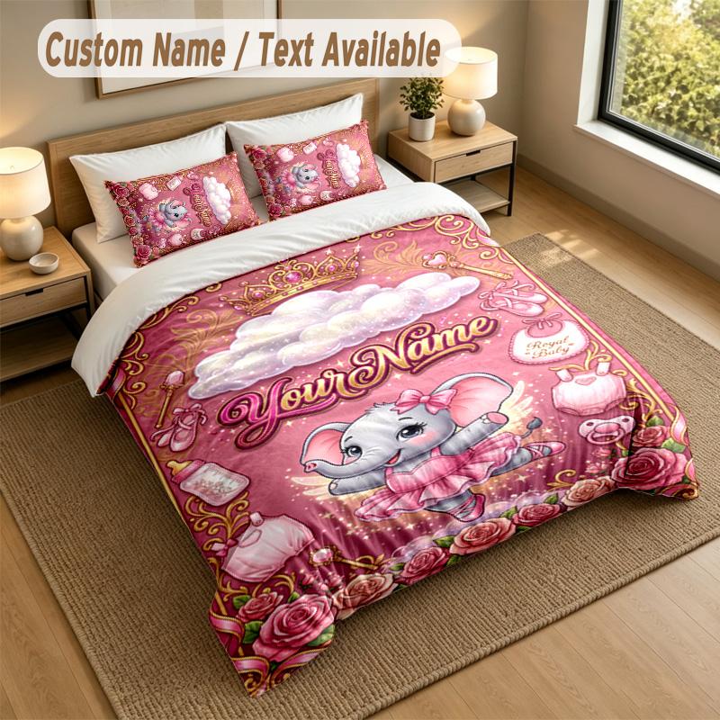 Elephant Theme Personalized 3Pcs Bedding Set Custom Text & Name 1 Sheet 2 Pillowcases Household Bedding 1pc