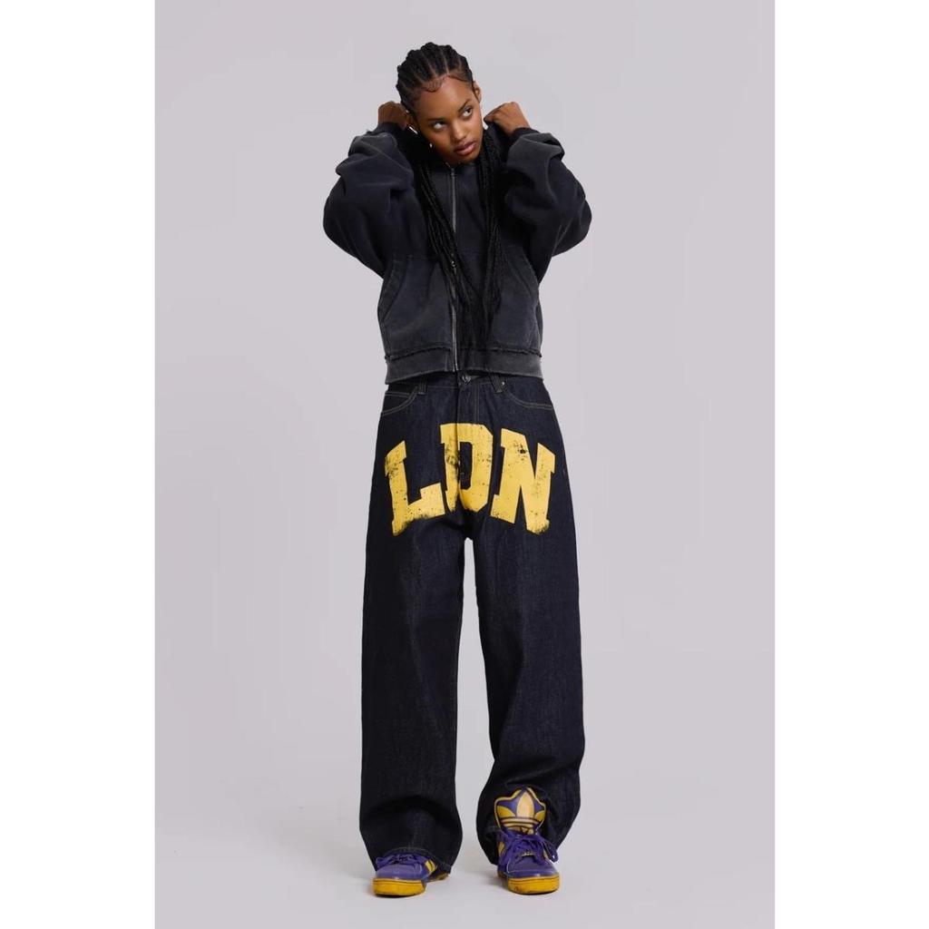 LUXEON American-style Street Letter Printed Jeans, Straight-leg Trendy Brand Loose Denim Pants