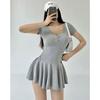 Gray Square Neck Short Sleeve Petite A-Line Mini Dress with Cinched Waist