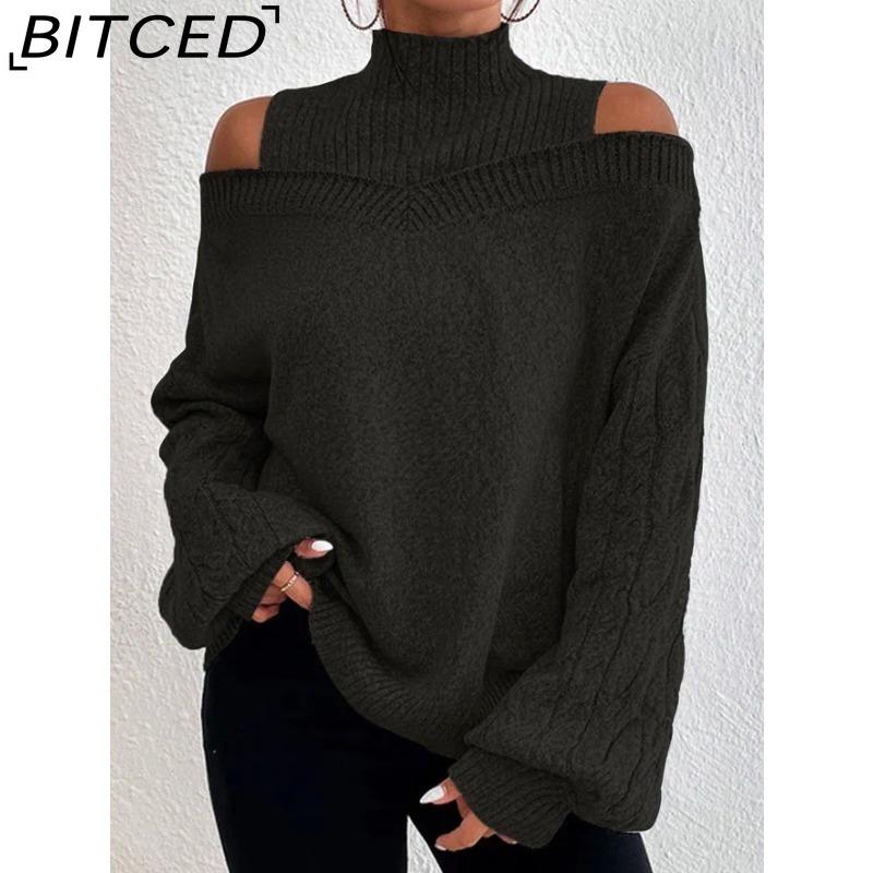 

BITCED Fall/Winter Off-Shoulder Half-High Neck Sweater for Women - Oversized Knit Top L чорний