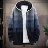 Men Knitted Coat Color Block Hooded Autumn Winter Thicken Plush Warm Cardigan Sweater