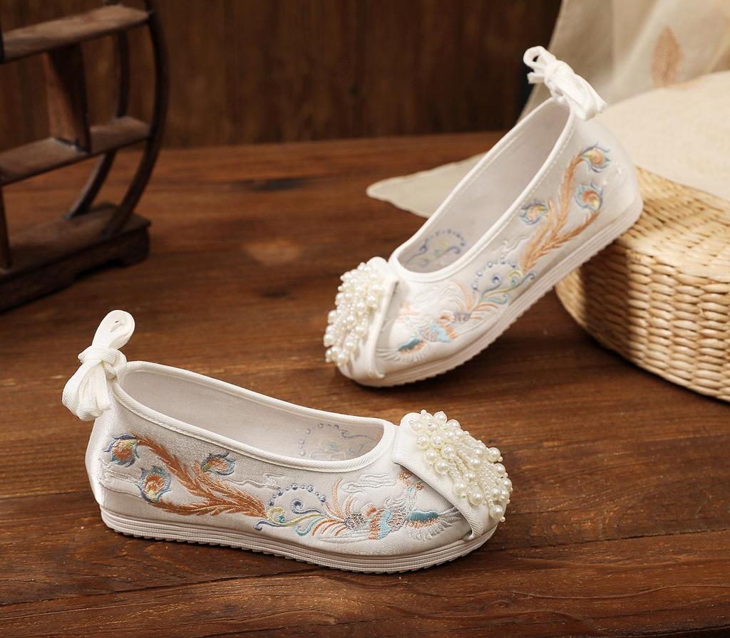 Xiuhua Women's Pearl Tassel High Heels - Ancient Style Pointed Toe Wedding Shoes for Bride, Hanfu Toasting Shoes