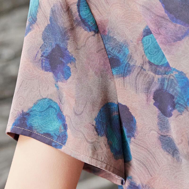 Pasiter Summer Chinese Style V-neck Qipao Button Printed Midi Dress