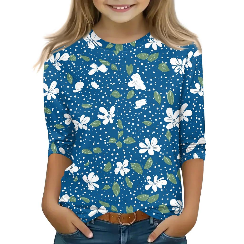 Print Tops For Youth Girls 5-16 Years Round Neck 3/4 Sleeves T-Shirts Trendy Tops Outfit Tees
