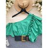 2024 European Shirt Best Selling Stylish One-Shoulder Cold-Shoulder Sweet Fungus Ruffle Sleeve Short Shirt Women's Blouse