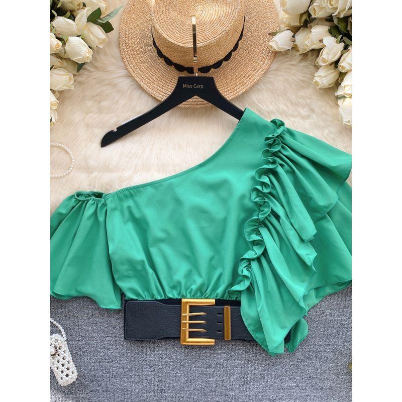 2024 European Shirt Best Selling Stylish One-Shoulder Cold-Shoulder Sweet Fungus Ruffle Sleeve Short Shirt Women's Blouse