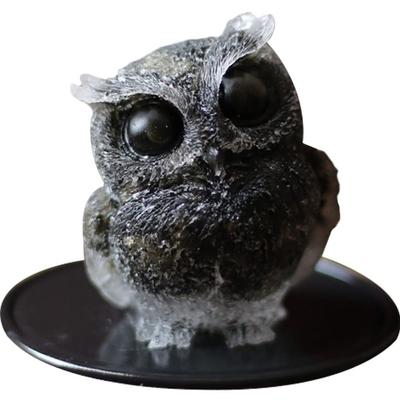 YUYAKESHI Owl Figurine, Mascot, Cute Mini Owl, Entryway, Garden, Pebble Container, Natural Stone Owl, Resin Decor, Small Item, Includes Mat (Obsidian)