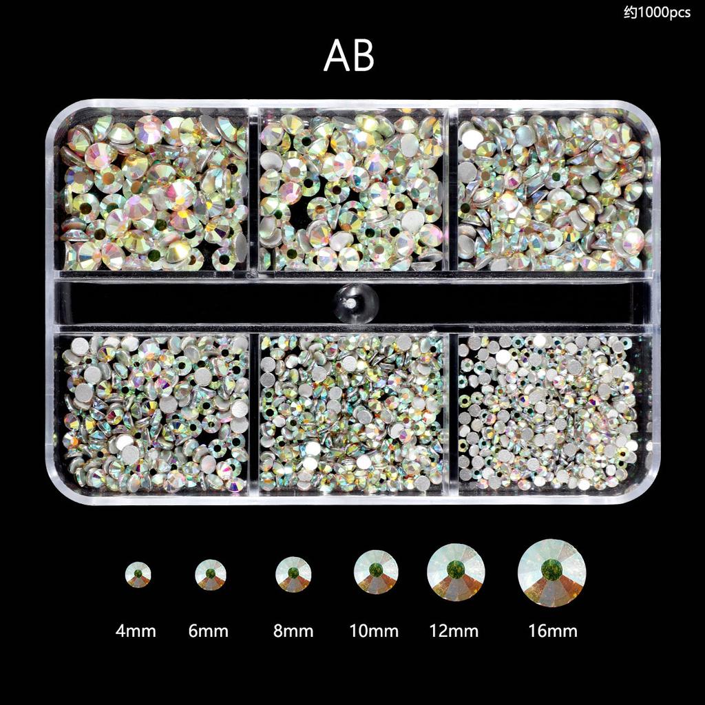 Nail Art Diamond 6 Grid Glass Flat Bottom Round Diamond Crystal Transparent Ab Mixed Color Large And Small Mixed Decoration