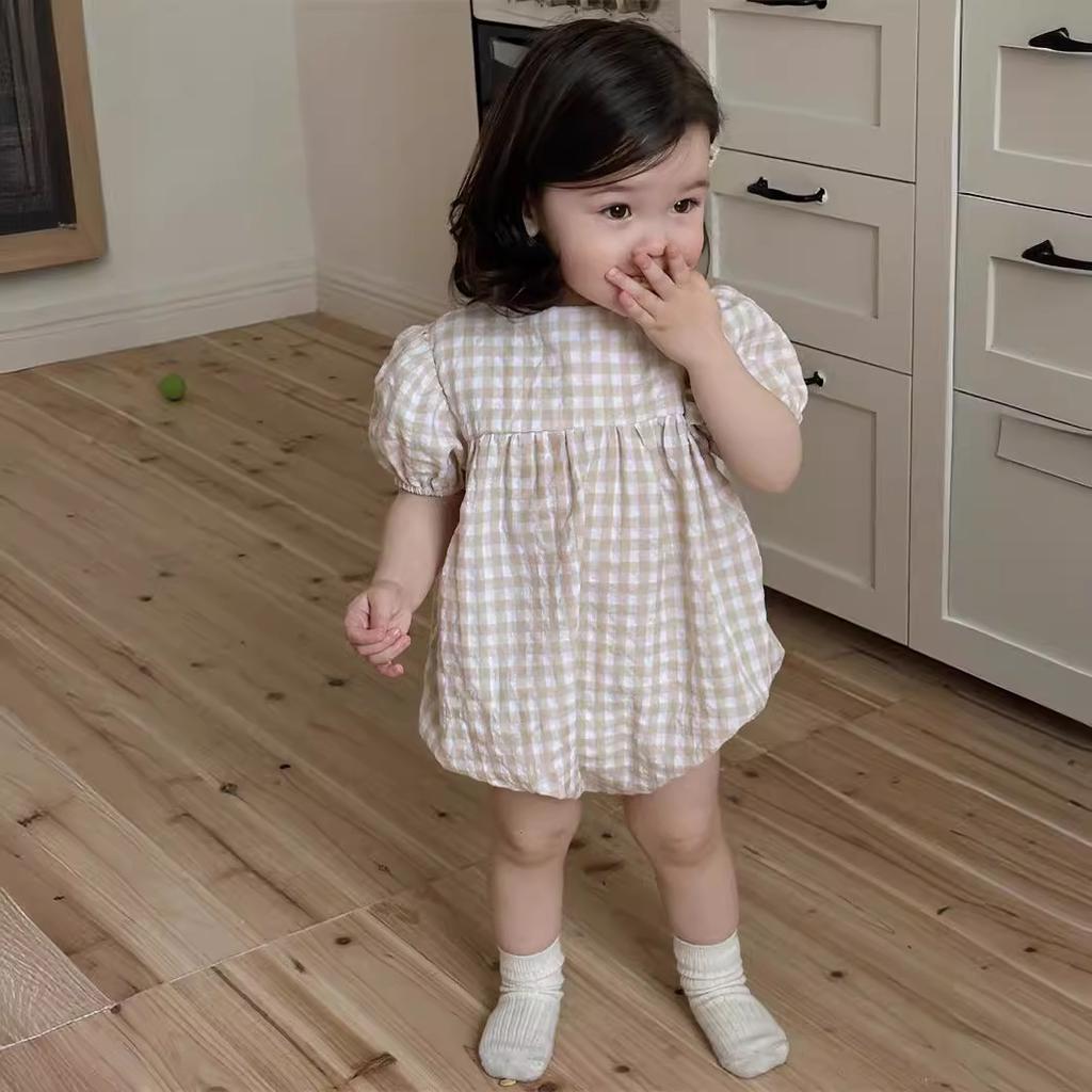 Summer Girl Baby Plaid Thin Puff Sleeves Onesie Newborn Girls Loose Cotton Casual Bodysuit Infant Romper Kids Clothes
