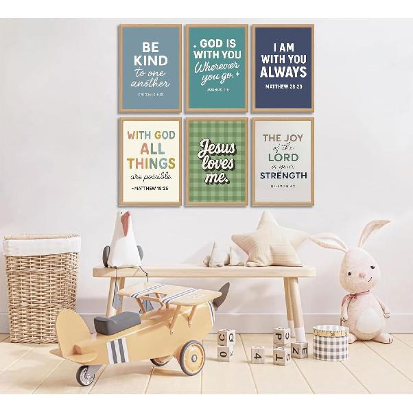 6Pcs Christian Themed Wall Art Boys Room Pictures Wall Decor Kids Bible Verse Posters Prints Artwork for Living Room Bedroom Nursery Home Decoration