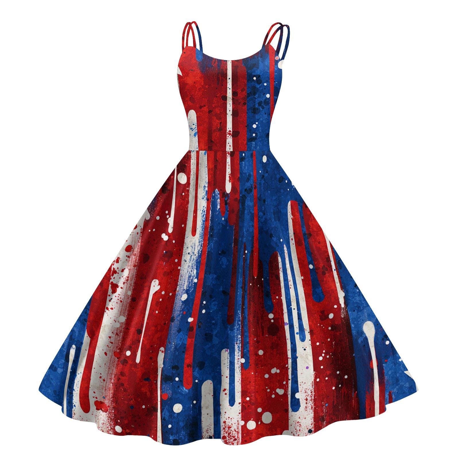 

Women’s Sleeveless Off Shoulder Retro Dress with Star and Firework Print for Independence Day Party L синий