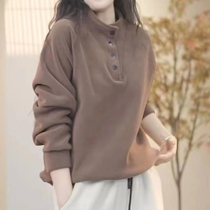 Women Spring and Autumn Basic Solid Casual All-match Stand Collar Button High Street Sweatshirt