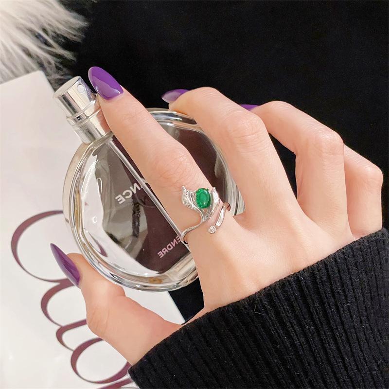 New Emerald Imitation Chalcedony High-End Inlaid Zir*****Pen Ring Niche Fashion Accessories Light Luxury Super Fairy Jewelry