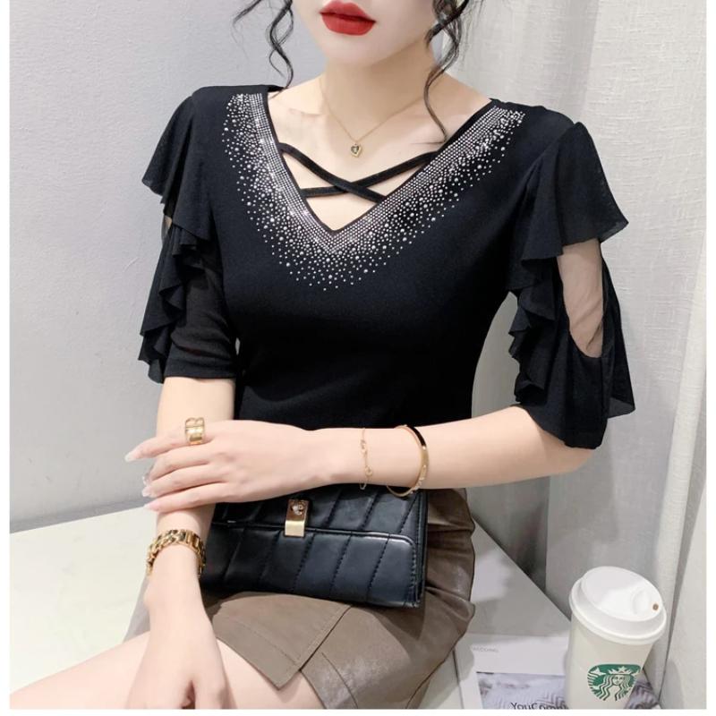 New Summer European Clothes Women's T-Shirt Fashion Sexy V-Neck Shiny Diamonds Tops Chic Hollow Out Short Sleeve All Match Tees