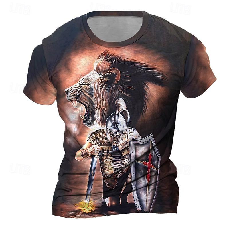 

Men s Graphic Lion Knights Templar T Shirt Short Sleeve T shirt 3D Print Crew Neck Shirt Daily Designer Retro Vintage Sports XL