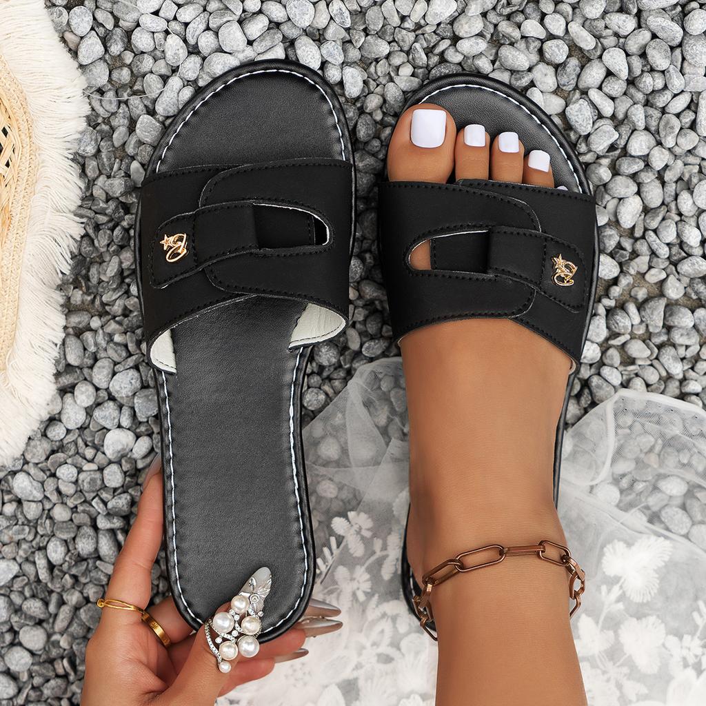 Cross-border Large-size Slippers Women's Summer New Round Head Splicing One-word Drag Simple Casual Outer Wear Beach Sandals