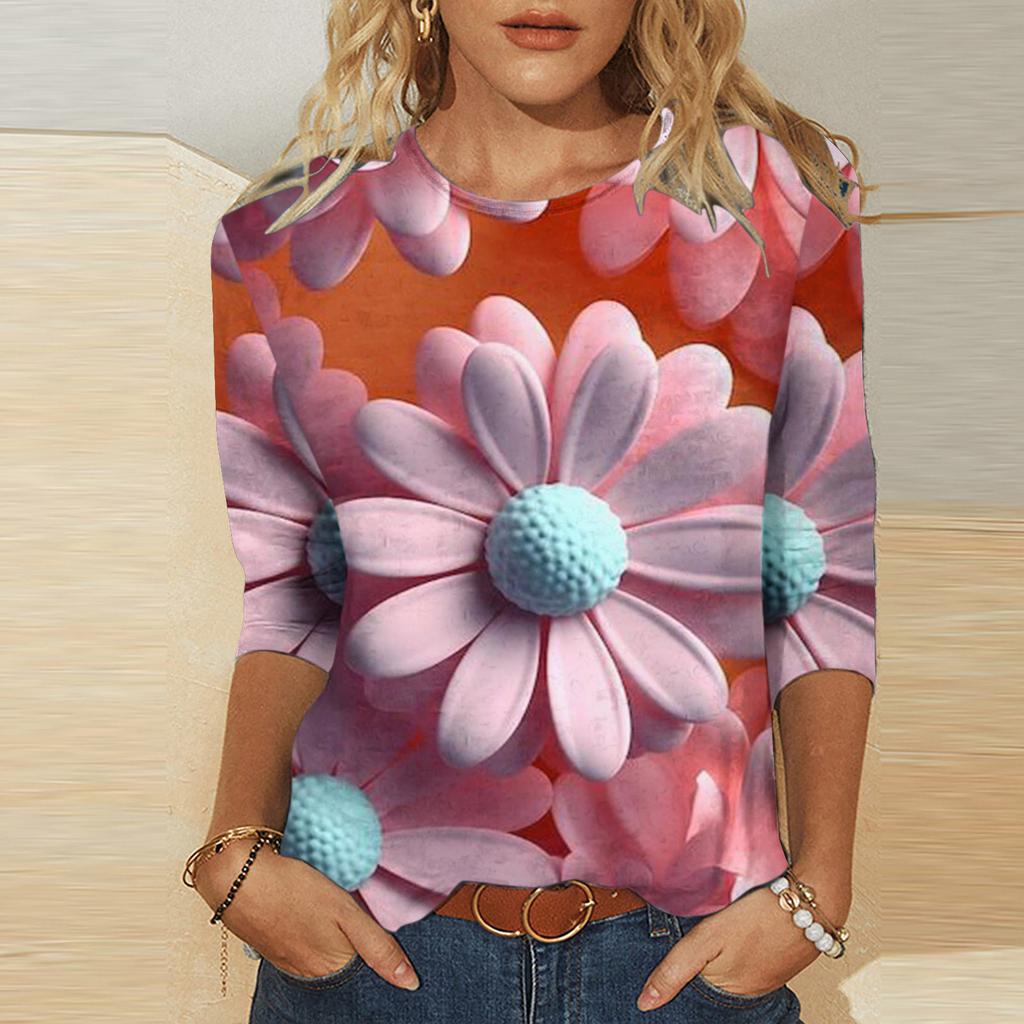 Rundhals 3D-bedrucktes romantisches Blumenmuster Top Modische lässige langärmlige Damen-T-Shirts