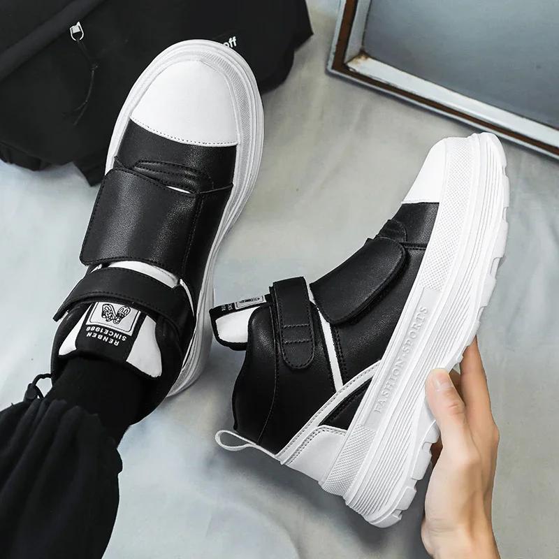 Herbst Herren Casual Sneakers Leder Klobige Plateauschuhe High-Top Schuhe Stiefeletten Klettverschluss Sneakers Herren Atmungsaktive Sportschuhe 44