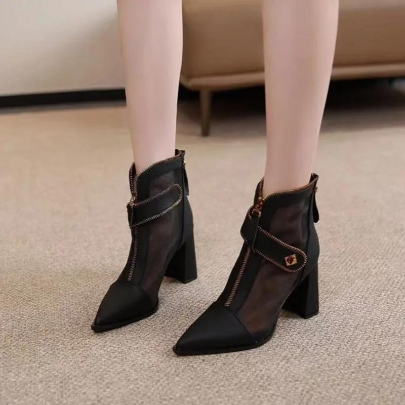 Women's Sandal Boots Pointed Toe Zipper Square Heel Mesh Upper Women Shoes Dress Fashion Mature Breathable Zapatillas De Mujer