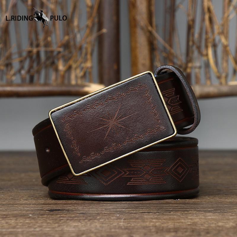 Retro Carved Pattern Trendy Handmade Smooth Buckle Belt Men's Buckle Genuine Leather Pure Cowhide Denim Belt