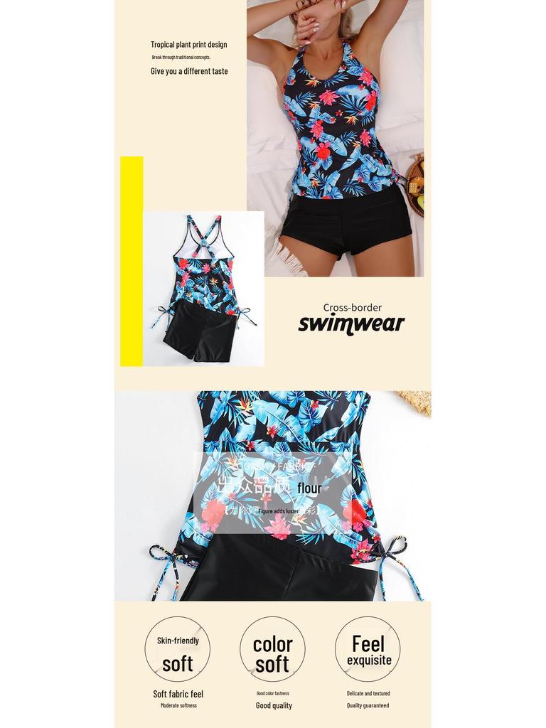 Women's Tropical Print Two-Piece Tankini Swimsuit: Conservative Slimming Design with Flat Leg Style
