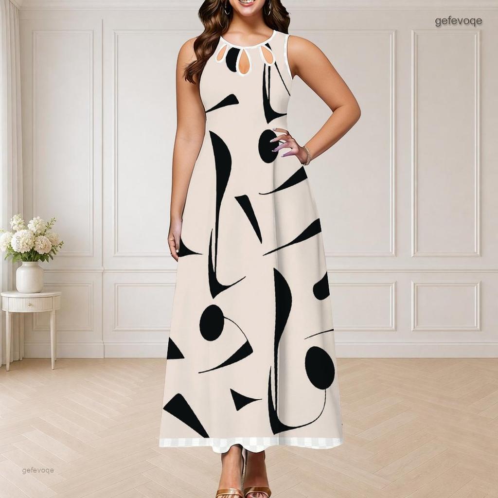 Women Plus Size Sleeveless Round Neck Triple Keyhole Cutout Printed White Navy Blue Long Dress