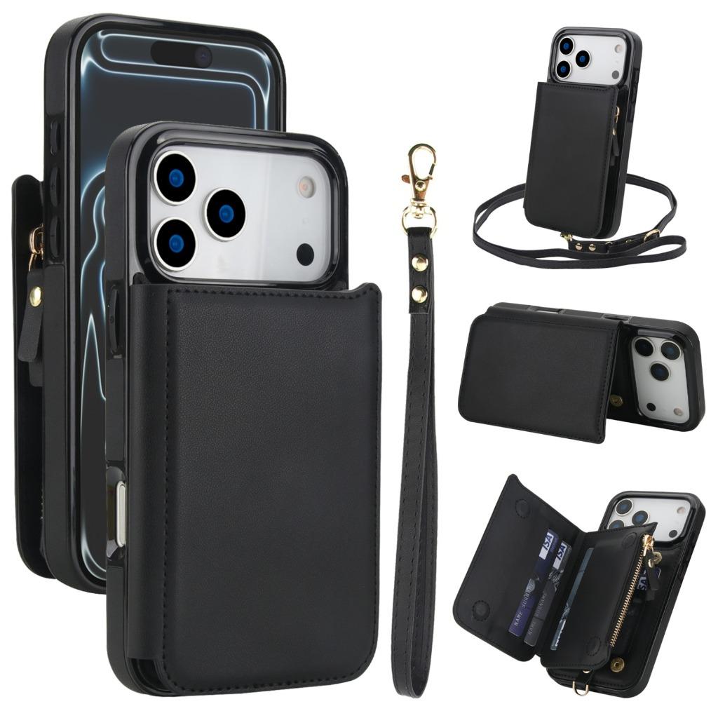 Crossbody Leather Wallet Phone Case For iPhone 17 Pro Max Air 17e 16e 15 14 Plus 13 12 Mini 11 Card Holder Wrist Strap Cover