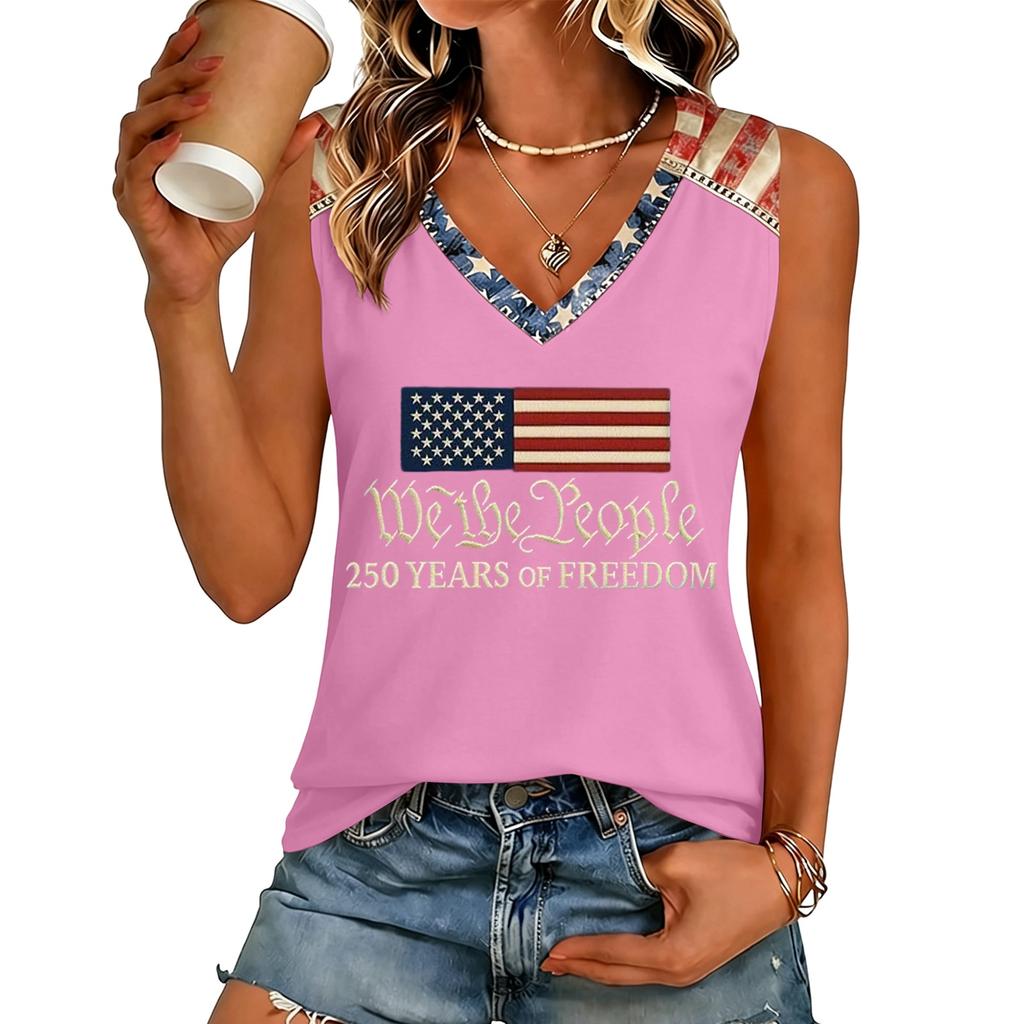 Women V Neck Casual Sleeveless Tank Top 250 Years Of Freedom Letter Print Lightweight Summer Shirt Sleeveless Blouse