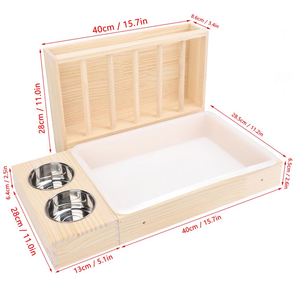 Rabbit Hay Feeder with Litter Box 2 Stainless Steel Bowls Wooden Bunny Feeding Manger for Chinchillas Hamster Small Animals