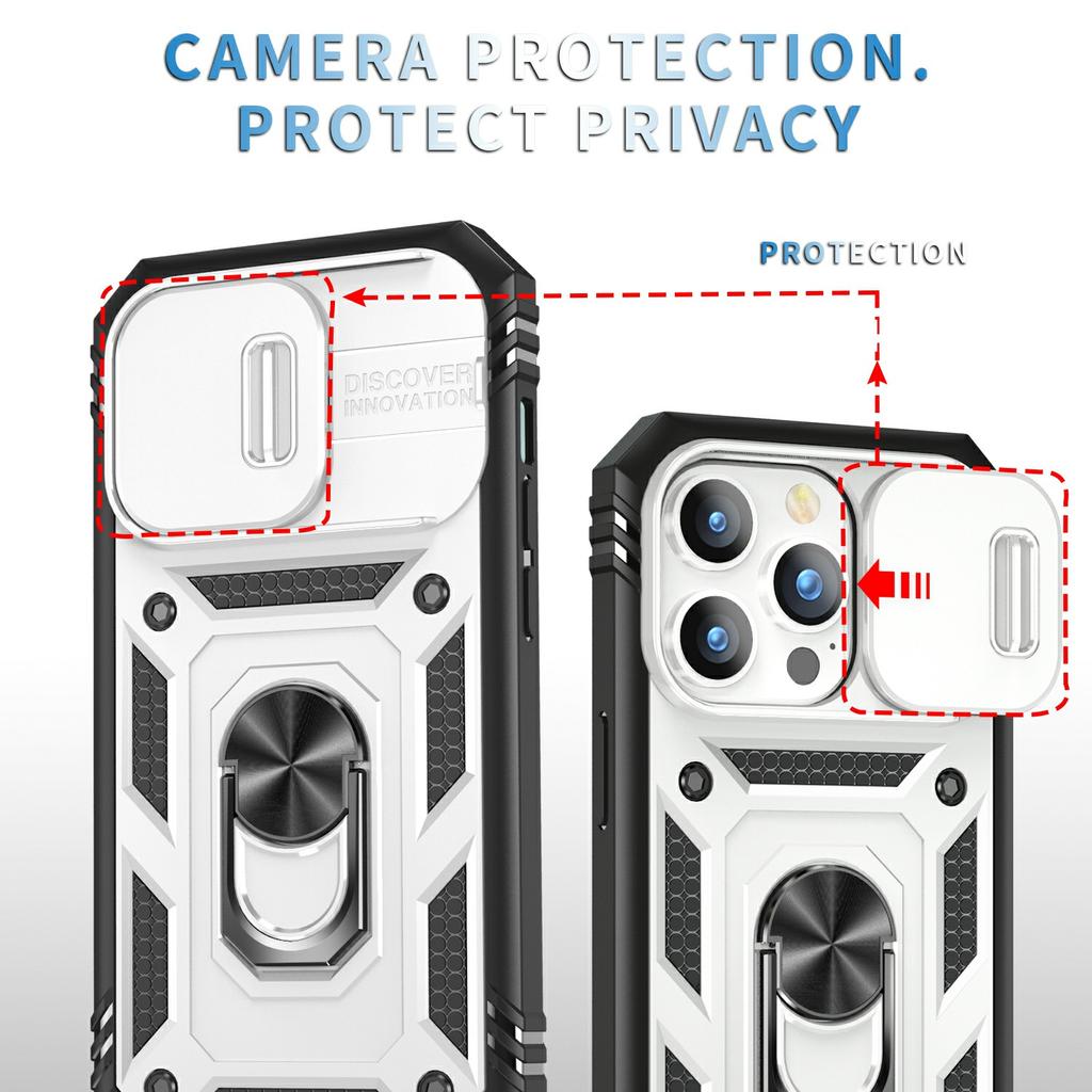 For iPhone 15 Pro Max Kickstand Case Card Holder PC+TPU Phone Cover with Sliding Camera Protection