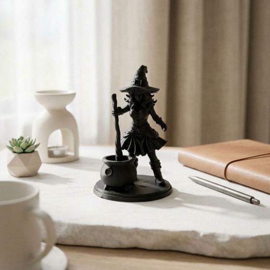 3D Printed Witch Statue Halloween Cauldron Figurine, Spooky with Black Pot, Fantasy Table Ornament Gothic Small Desktop for Tabletop Mantel